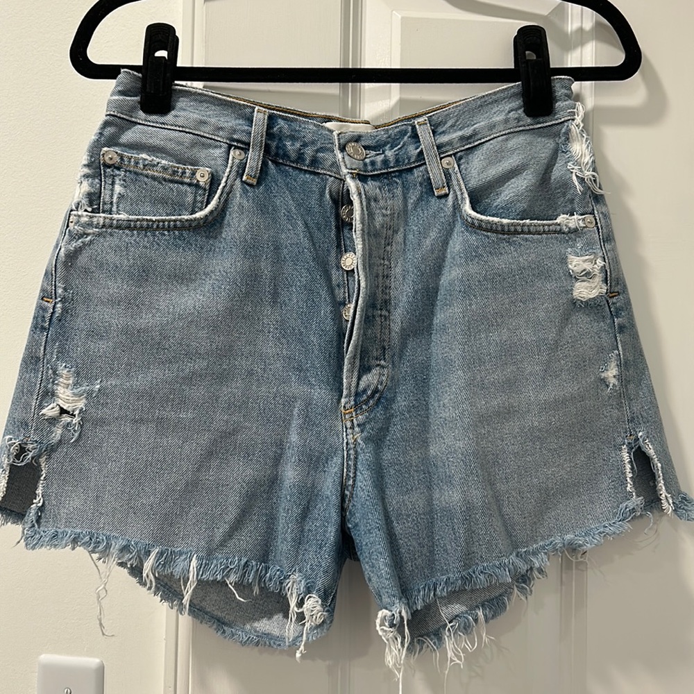 Agolde high rise distressed denim shorts